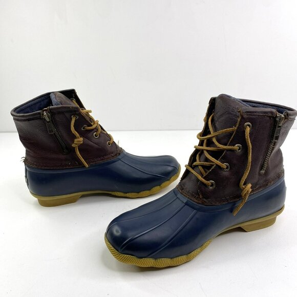 Sperry Boots Womens Size 7 Saltwater Duck Rain Leather Rubber Brown Navy - Picture 5 of 7